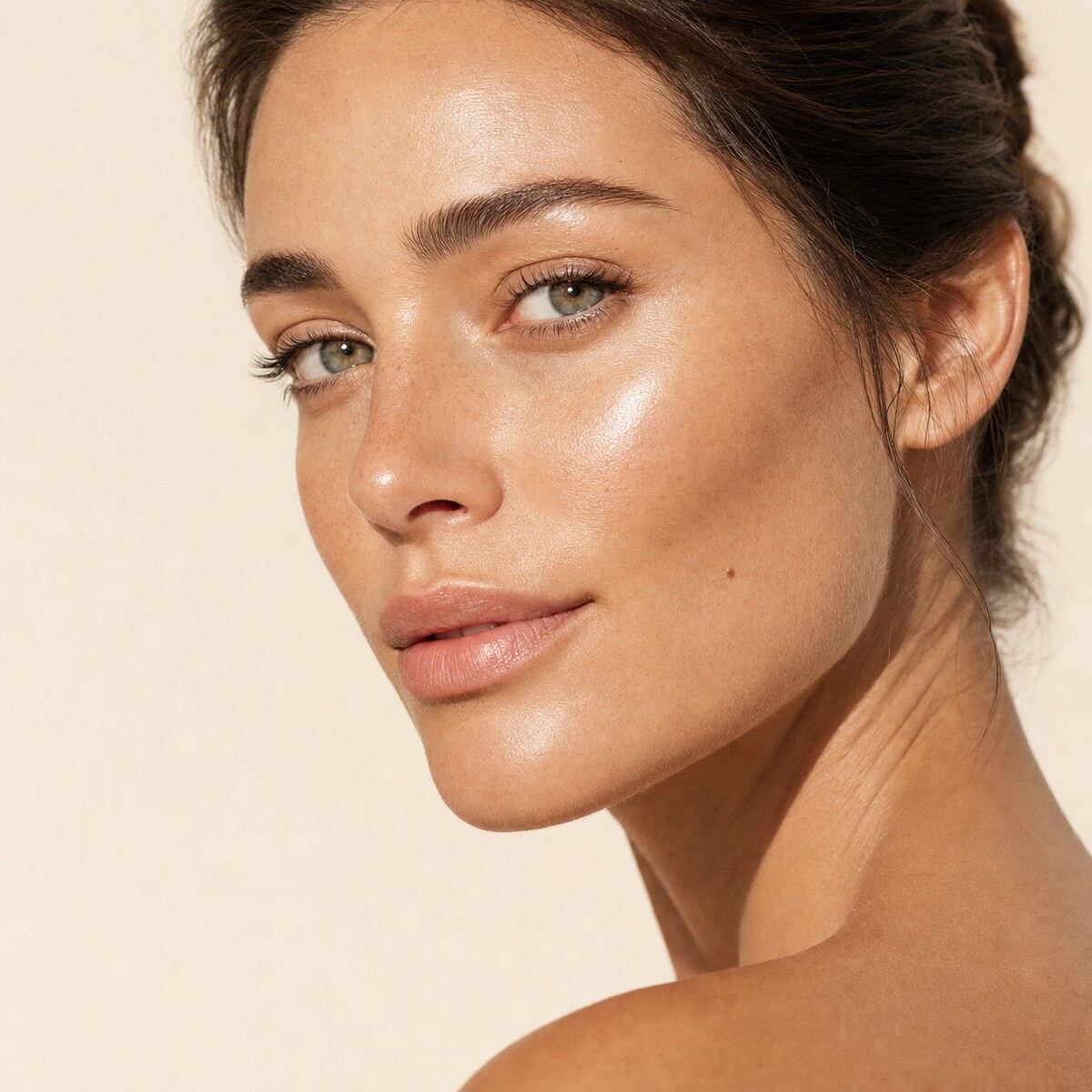 Portrait showing naturally balanced lips with visible natural skin texture