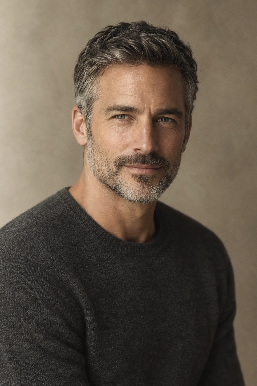 Portrait of a man in his forties in a charcoal knit, skin clear and well cared for