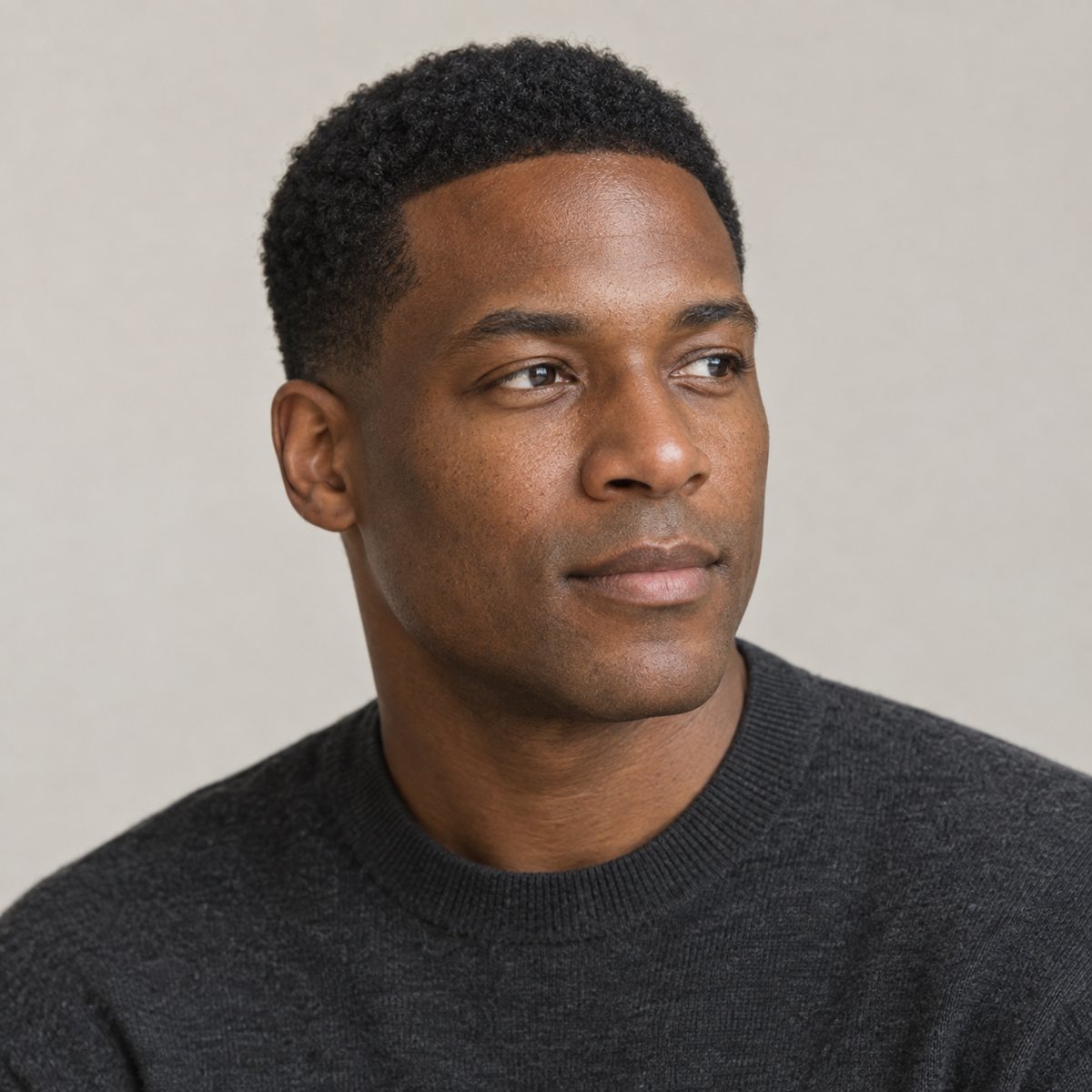 Editorial portrait of a man with short, healthy natural hair